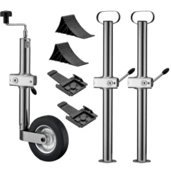 Wiltec Anhänger Set 10-teilig, Stützrad bis 362 kg Traglast mit Klemmhaltern, Stützen & Unterlegkeilen
