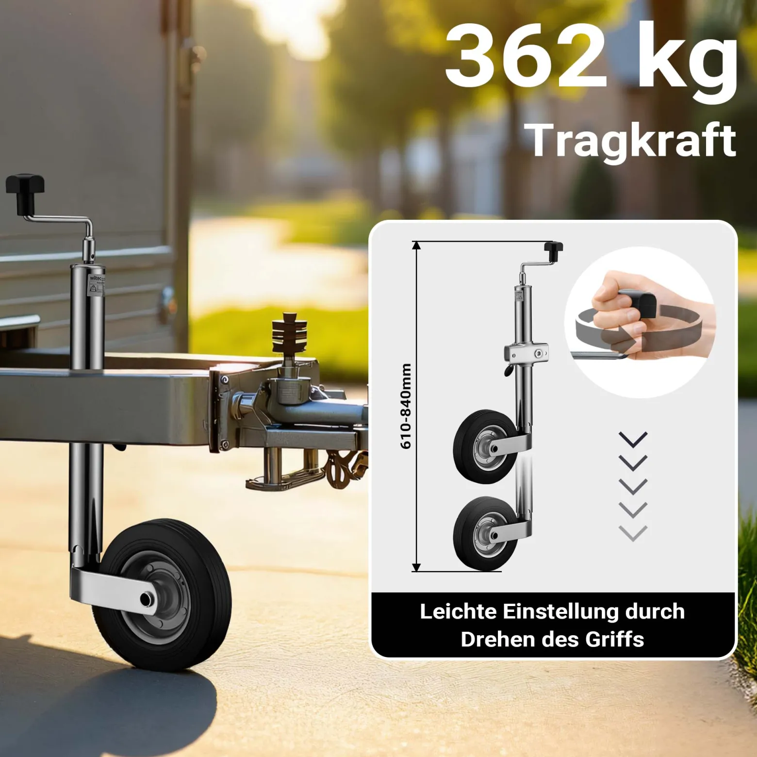 Wiltec Anhänger Set 10-teilig, Stützrad bis 362 kg Traglast mit Klemmhaltern, Stützen & Unterlegkeilen