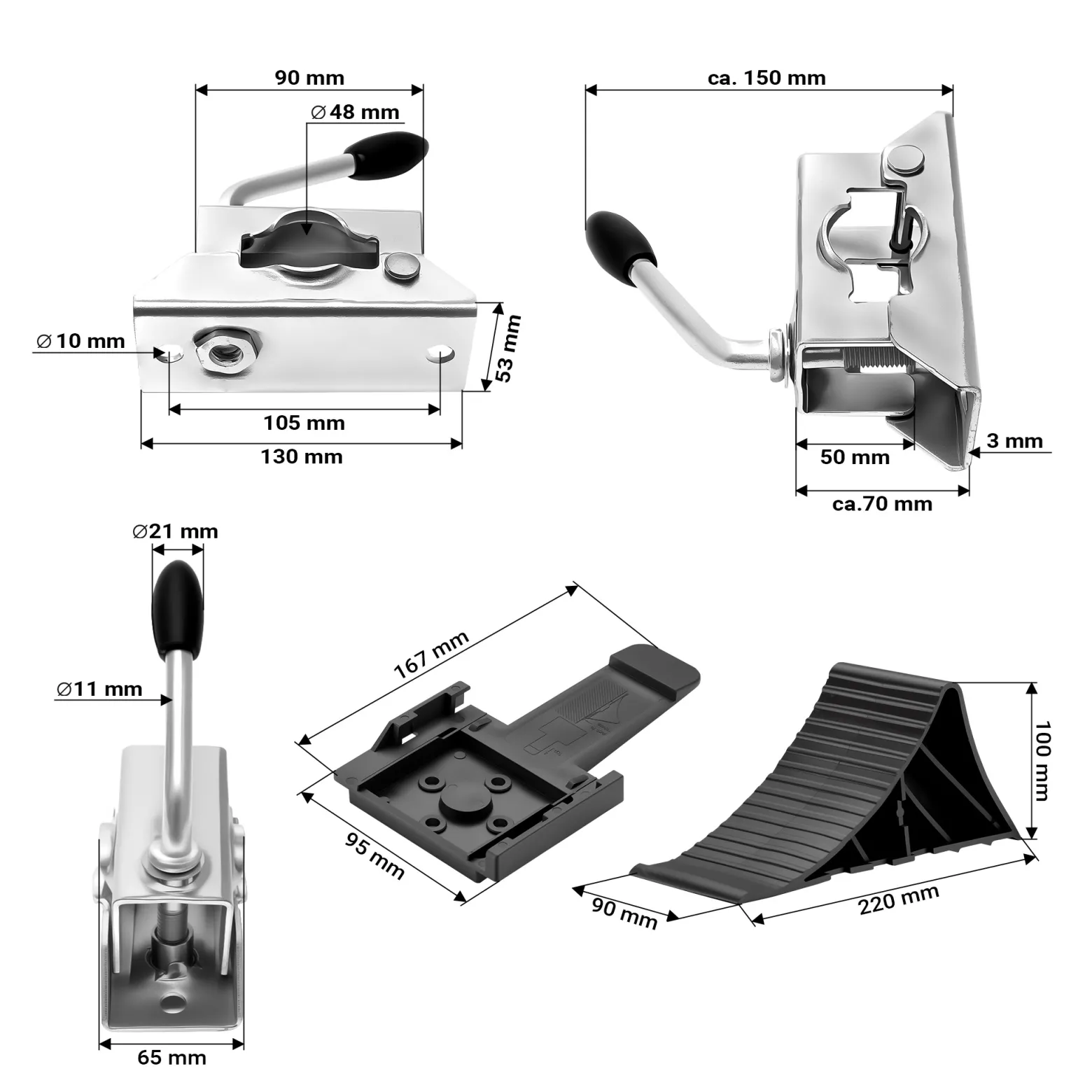 Wiltec Anhänger Set 10-teilig, Stützrad bis 362 kg Traglast mit Klemmhaltern, Stützen & Unterlegkeilen