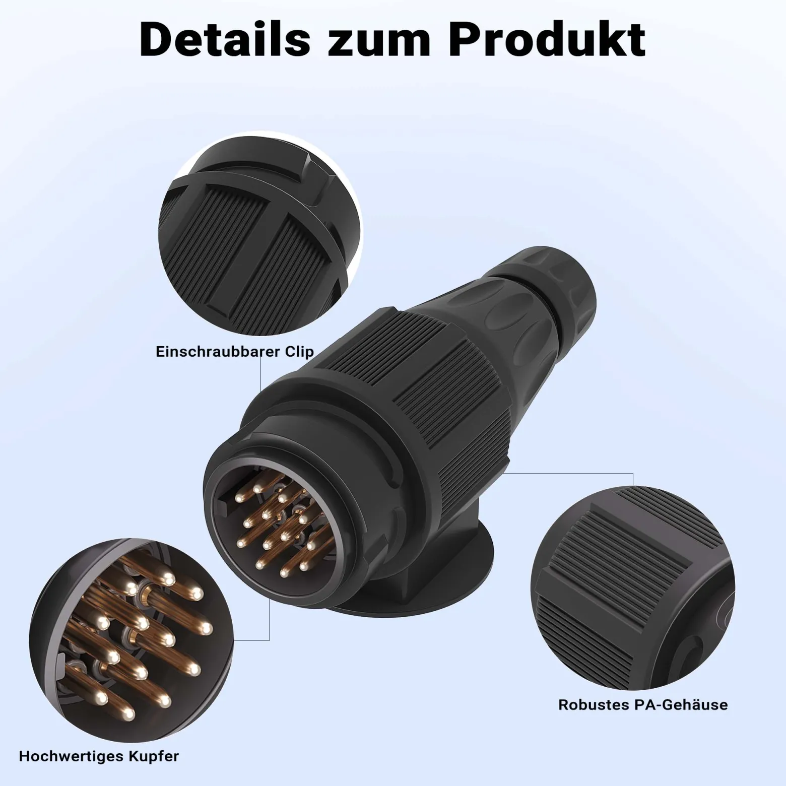 Wiltec Anhänger Stecker 13-polig 12V, Nylon Adapter für PKW Anhänger, Anhängerkupplung Steckanschluss, Anhängersteckdose