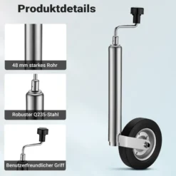 Wiltec Anhänger Stützrad mit 362 kg Stützlast ø48 mm, Bugrad mit Kurbel, Anhängerrad, Abstellstütze