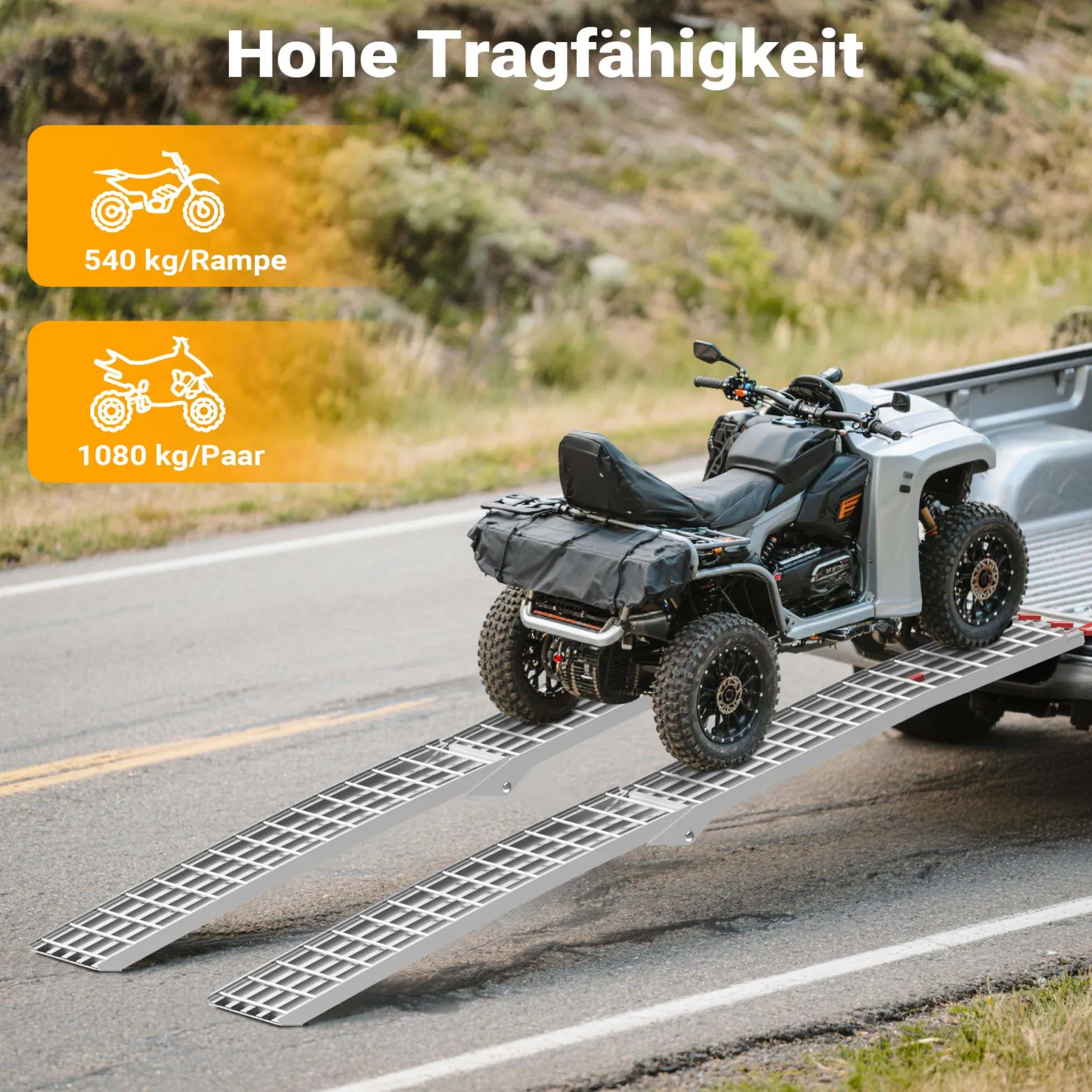 Wiltec Auffahrrampe 310 cm 540 kg für ATV Quad Motorrad, Aluminium Auffahrschiene faltbar, Verladerampe rutschsicher