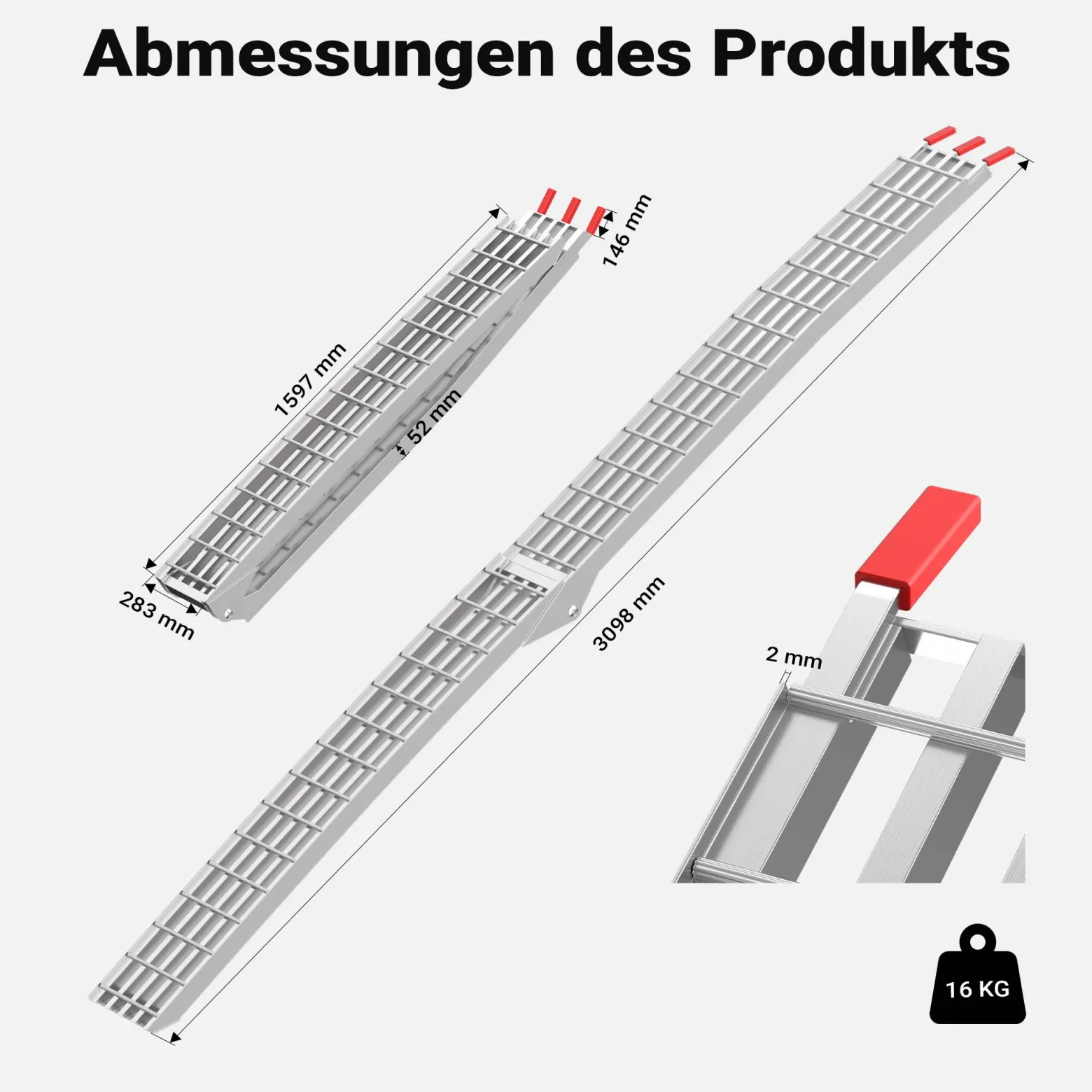Wiltec Auffahrrampe 310 cm 540 kg für ATV Quad Motorrad, Aluminium Auffahrschiene faltbar, Verladerampe rutschsicher