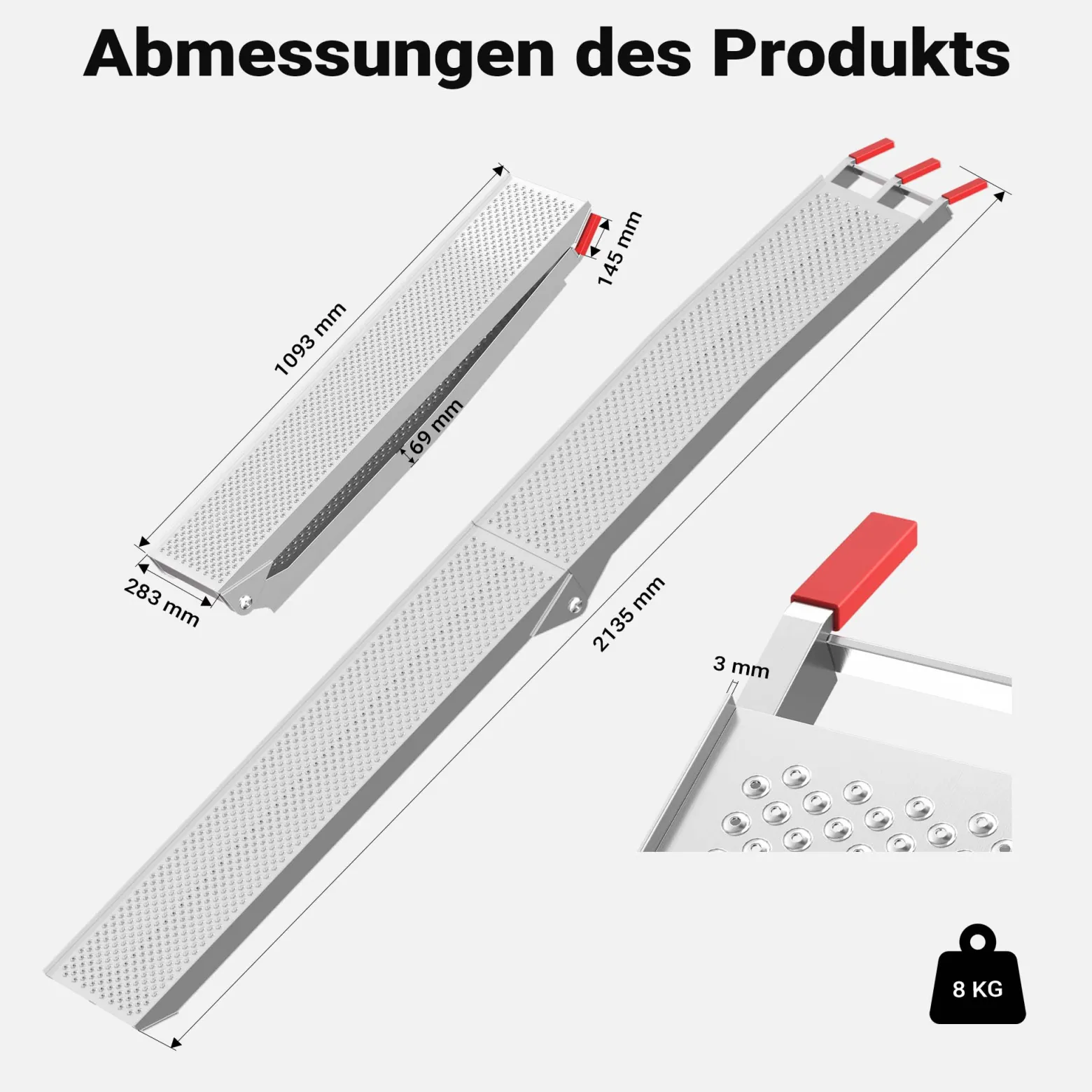 Wiltec Auffahrrampe 215 cm 340 kg für ATV Quad Motorrad, Aluminium Auffahrschiene faltbar, Verladerampe rutschsicher