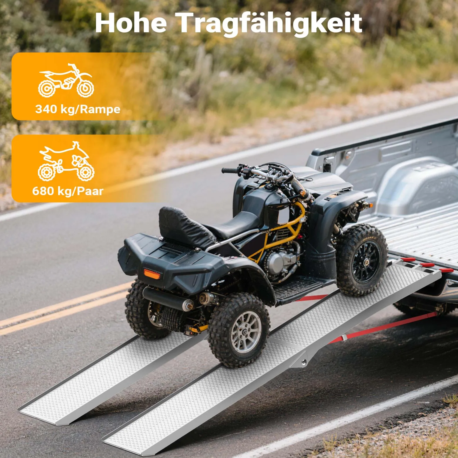 Wiltec Auffahrrampe 215 cm 340 kg für ATV Quad Motorrad, Aluminium Auffahrschiene faltbar, Verladerampe rutschsicher