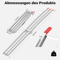 Wiltec Auffahrrampe 226 cm 340 kg für ATV Quad Motorrad, Aluminium Auffahrschiene faltbar, Verladerampe rutschsicher
