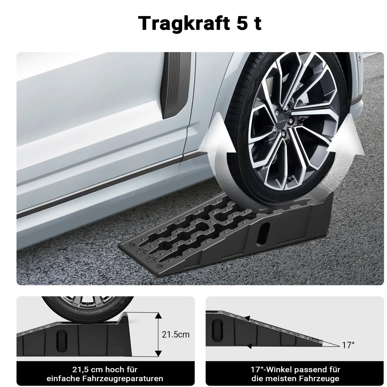 Wiltec Auffahrrampe für Pkw 2er Set bis 5 t Traglast, robuste Autorampen aus PP, Unterlegkeile 90,5 x 30 x 21,5 cm, Auffahrkeile mit rutschsicherem Boden, ideal für Wartungsarbeiten