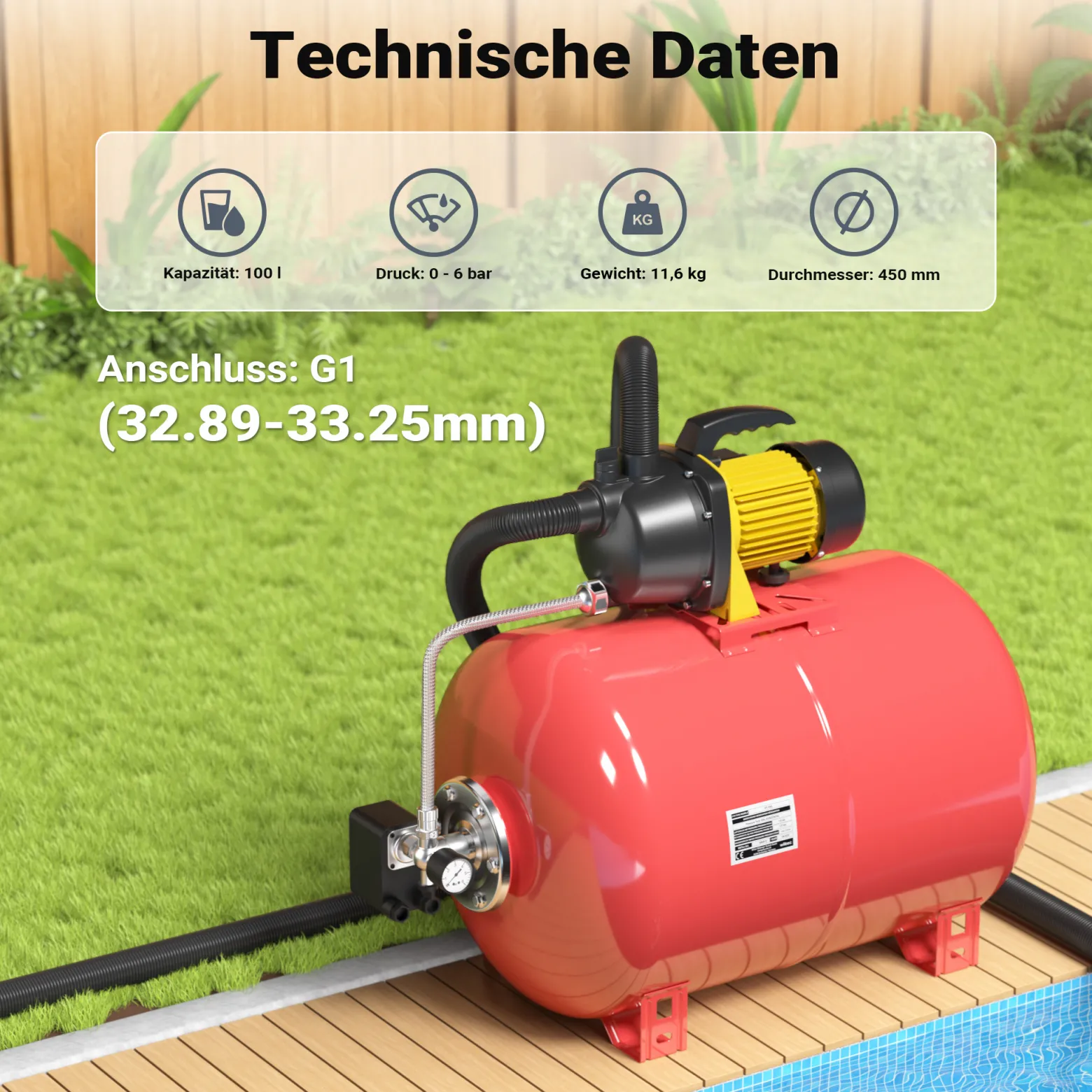 Wiltec Ausdehnungsgefäß 100 Liter, horizontaler Membrankessel für Hauswasserwerke und Druckerhöhungsanlagen mit EPDM Membran