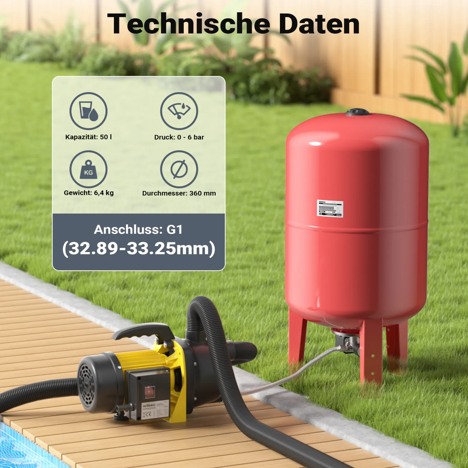 Wiltec Ausdehnungsgefäß 50 Liter, vertikaler Membrankessel für Hauswasserwerke und Druckerhöhungsanlagen mit EPDM Membran