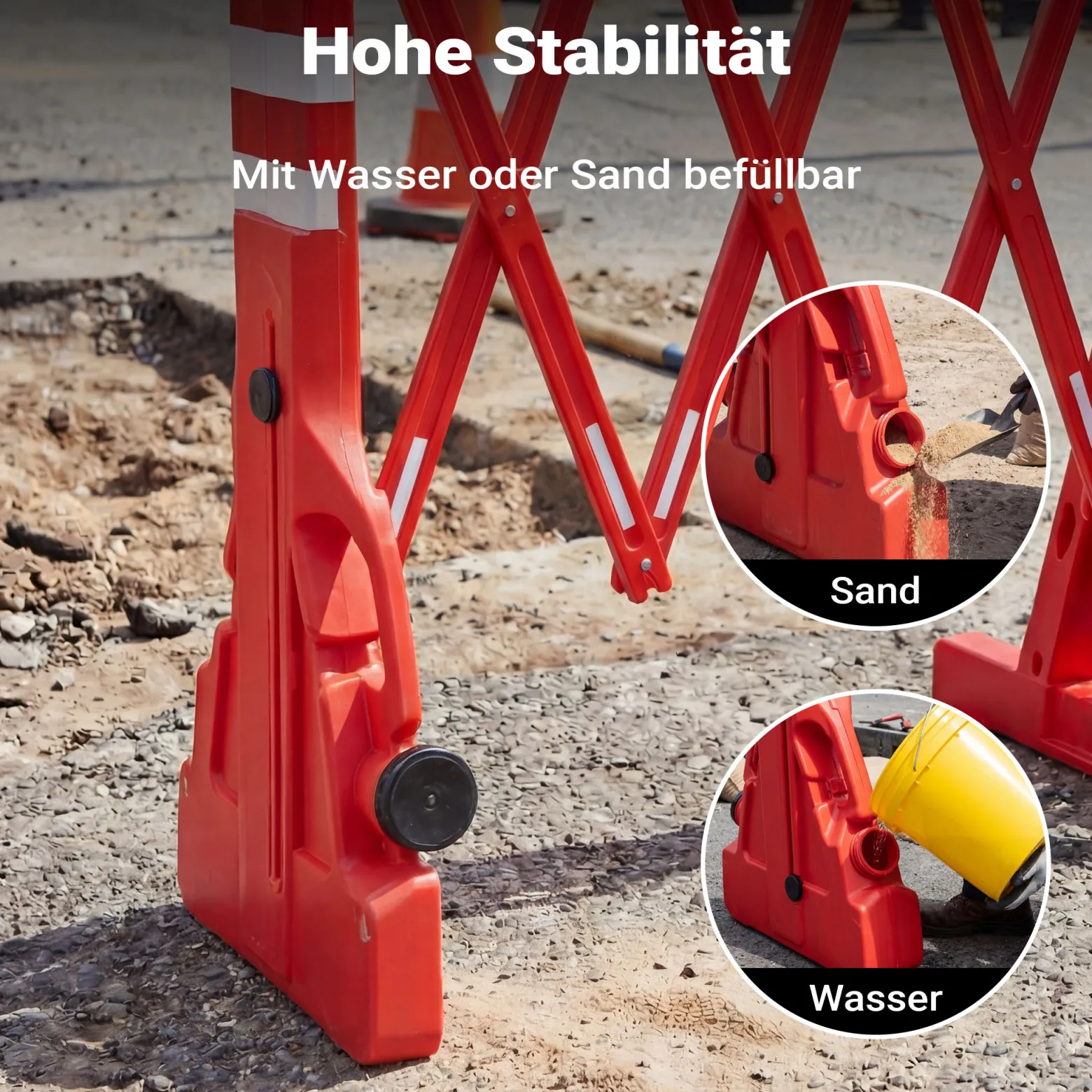 Wiltec ausziehbares Absperrgitter 200 cm aus Kunststoff, Scherengitter mit Reflektorband, Baustellenabsperrung befüllbar und faltbar, Absperrung für Verkehr