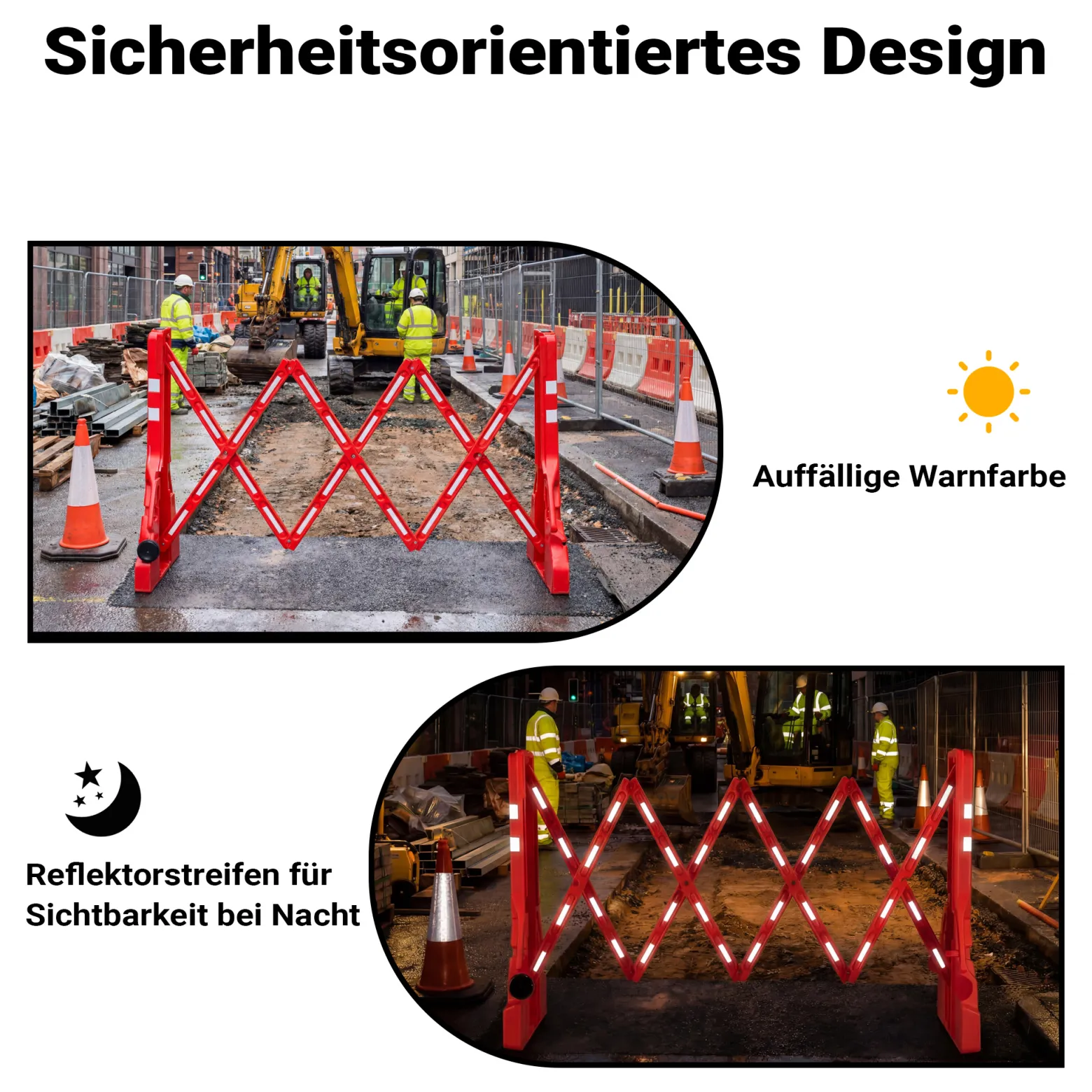 Wiltec ausziehbares Absperrgitter 200 cm aus Kunststoff, Scherengitter mit Reflektorband, Baustellenabsperrung befüllbar und faltbar, Absperrung für Verkehr