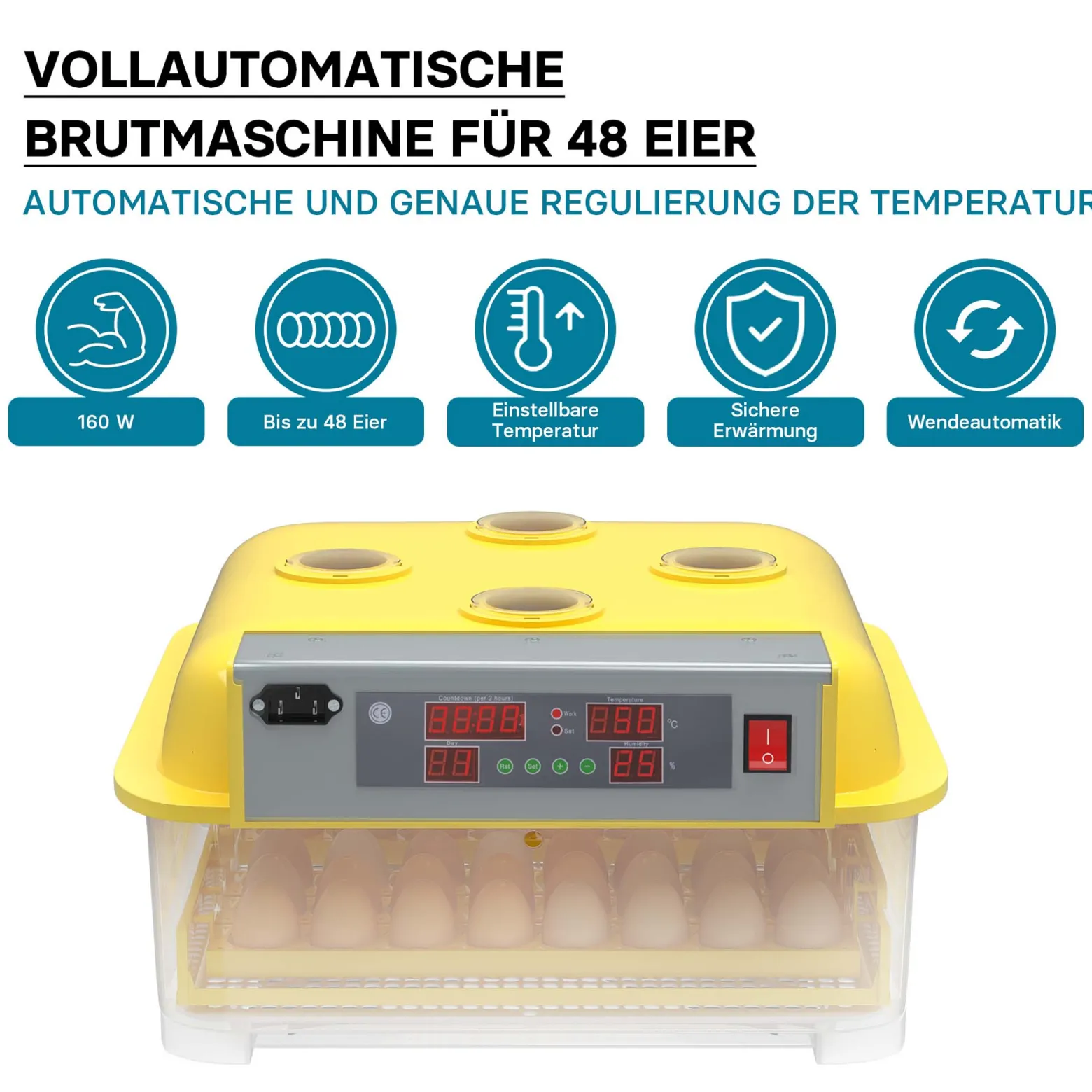 Wiltec Automatische Brutmaschine für 48 Eier, Inkubator mit vollautomatischem Wendesystem, Brutautomat mit Temperatursteuerung und Feuchtigskeitsregulierung, Brutkasten zum Eier ausbrüten