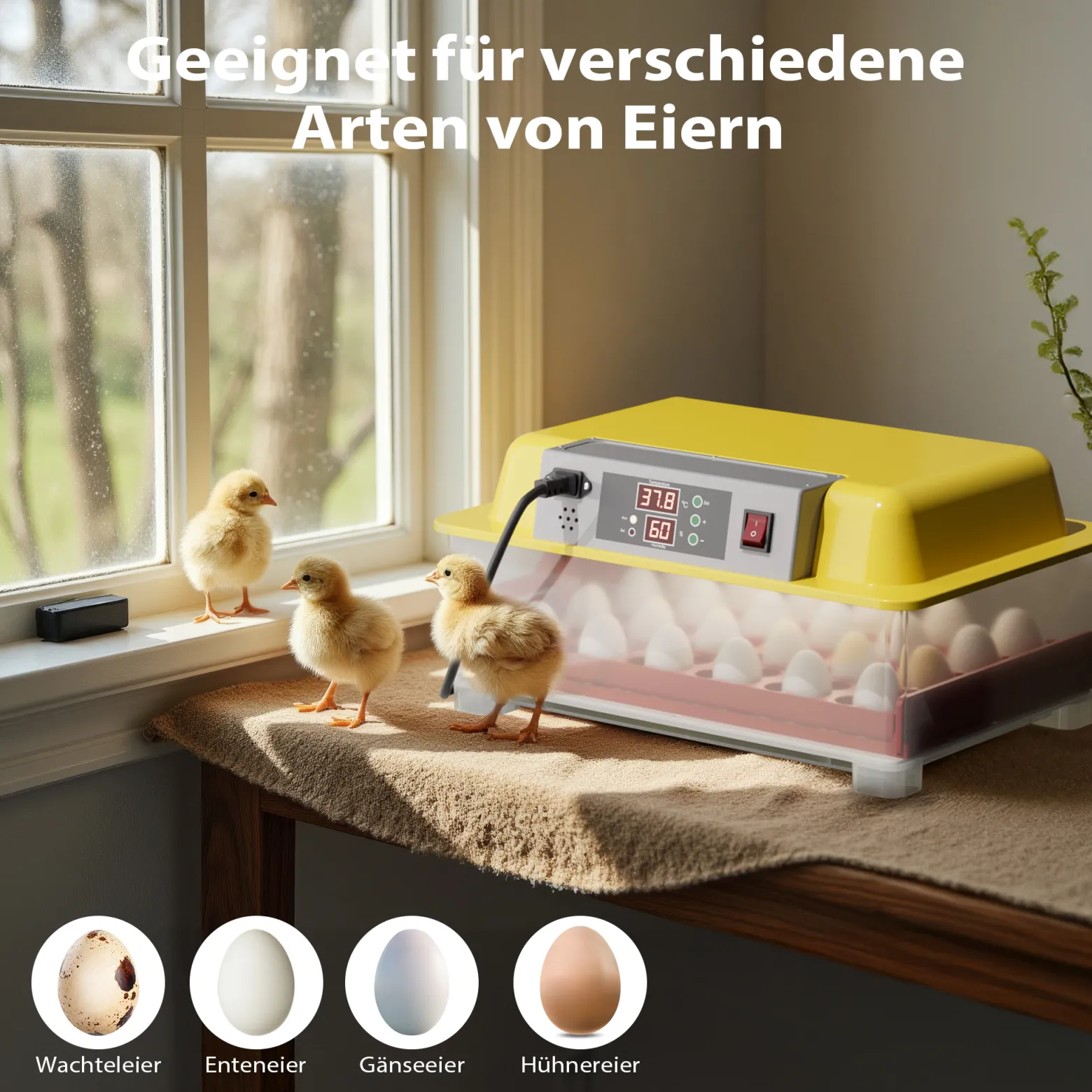 Wiltec Automatische Brutmaschine für 24 Eier, Inkubator mit vollautomatischem Wendesystem, Brutautomat mit Temperatursteuerung und Feuchtigskeitsregulierung, Brutkasten zum Eier ausbrüten