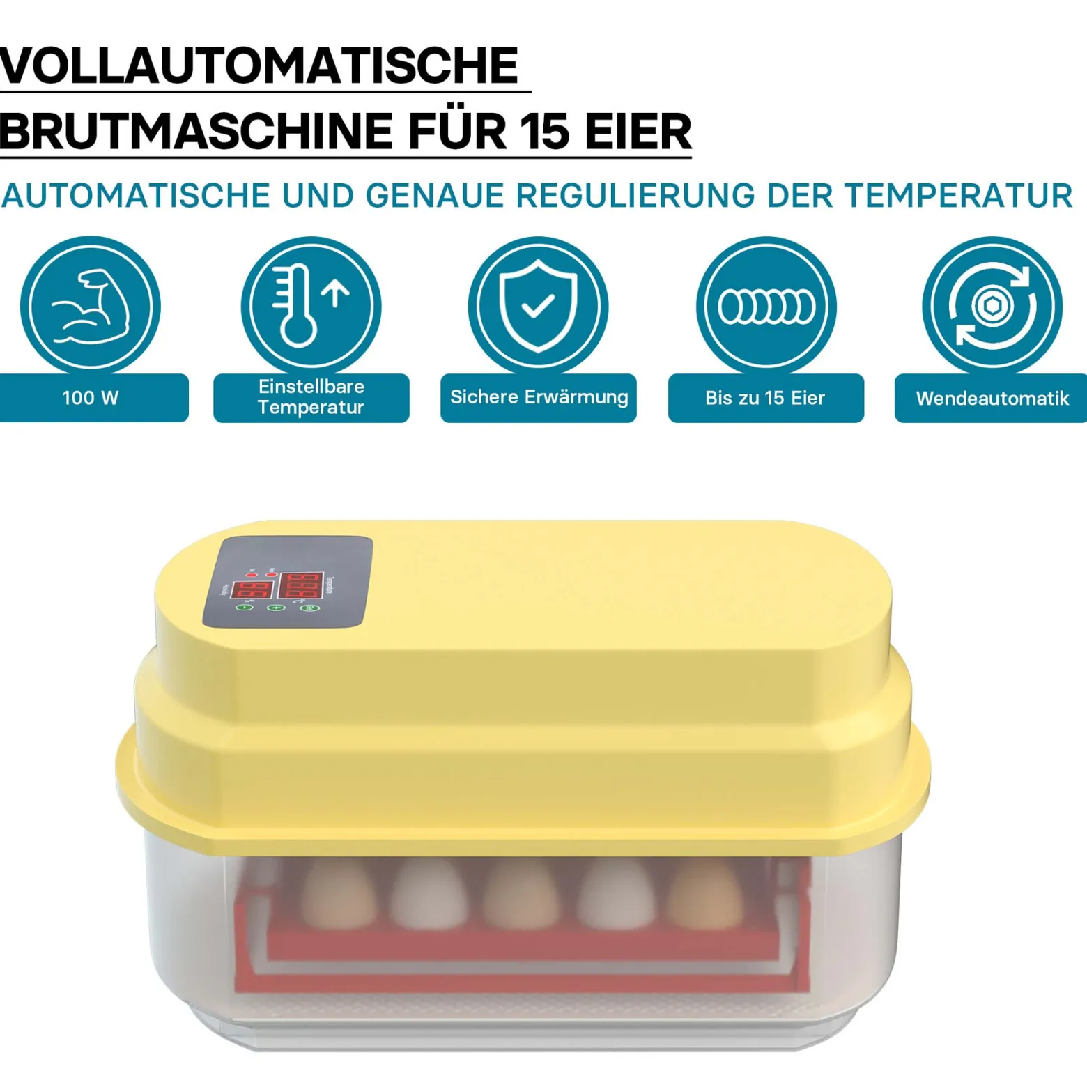 Wiltec Automatische Brutmaschine für 15 Eier, Inkubator mit vollautomatischem Wendesystem, Brutautomat mit Temperatursteuerung und Feuchtigskeitsregulierung, Brutkasten zum Eier ausbrüten