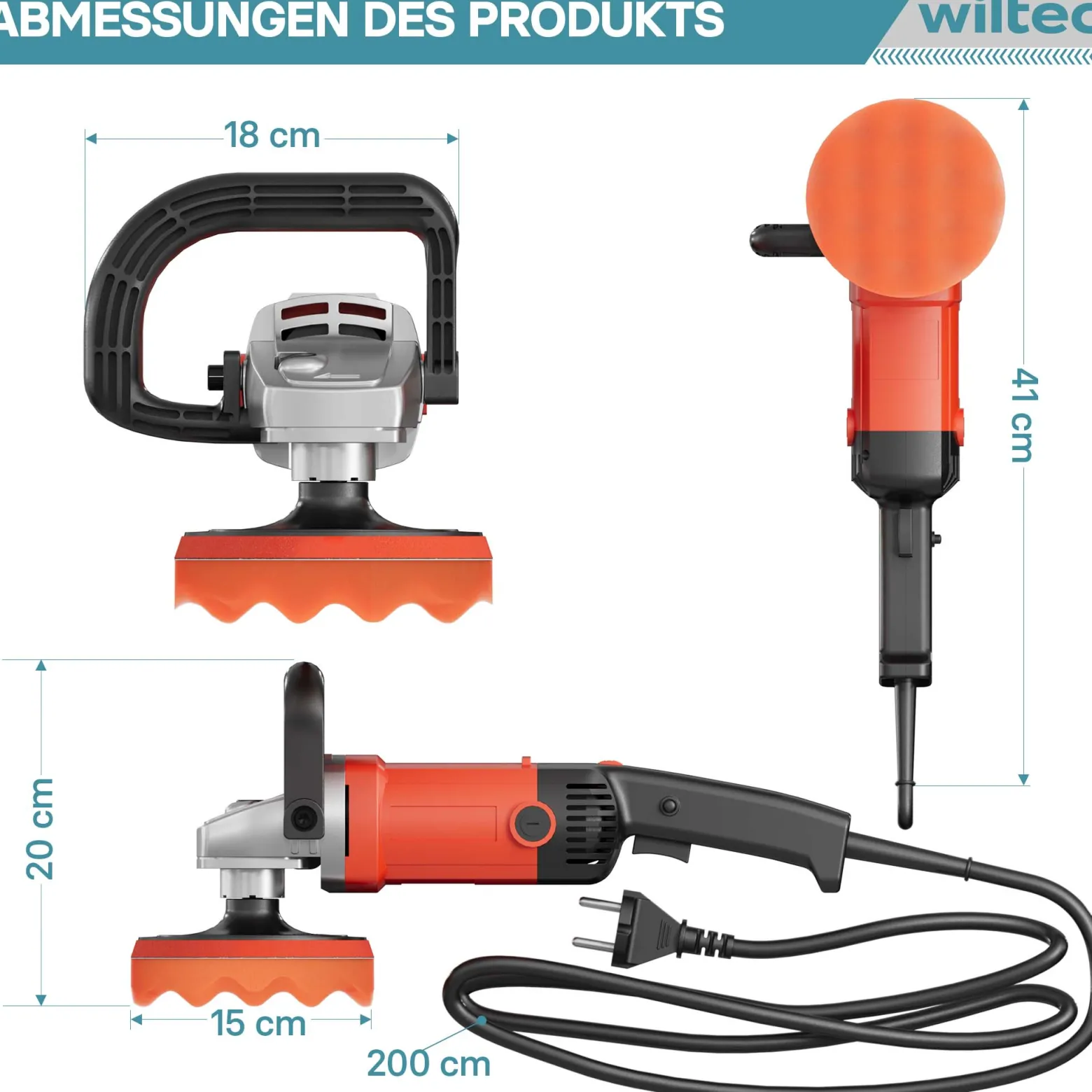 Wiltec Auto Poliermaschine Schleifmaschine 1200W bis 3000 U/min, Poliergerät mit 6 Stufen, mit Tasche und Zubehör, Tellerschleifer, Rotationsschleifer