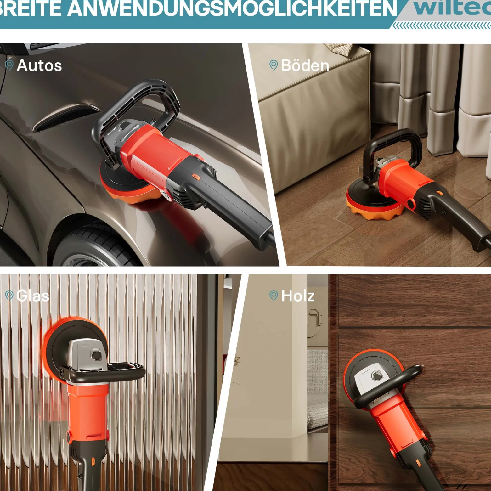Wiltec Auto Poliermaschine Schleifmaschine 1200W bis 3000 U/min, Poliergerät mit 6 Stufen, mit Tasche und Zubehör, Tellerschleifer, Rotationsschleifer