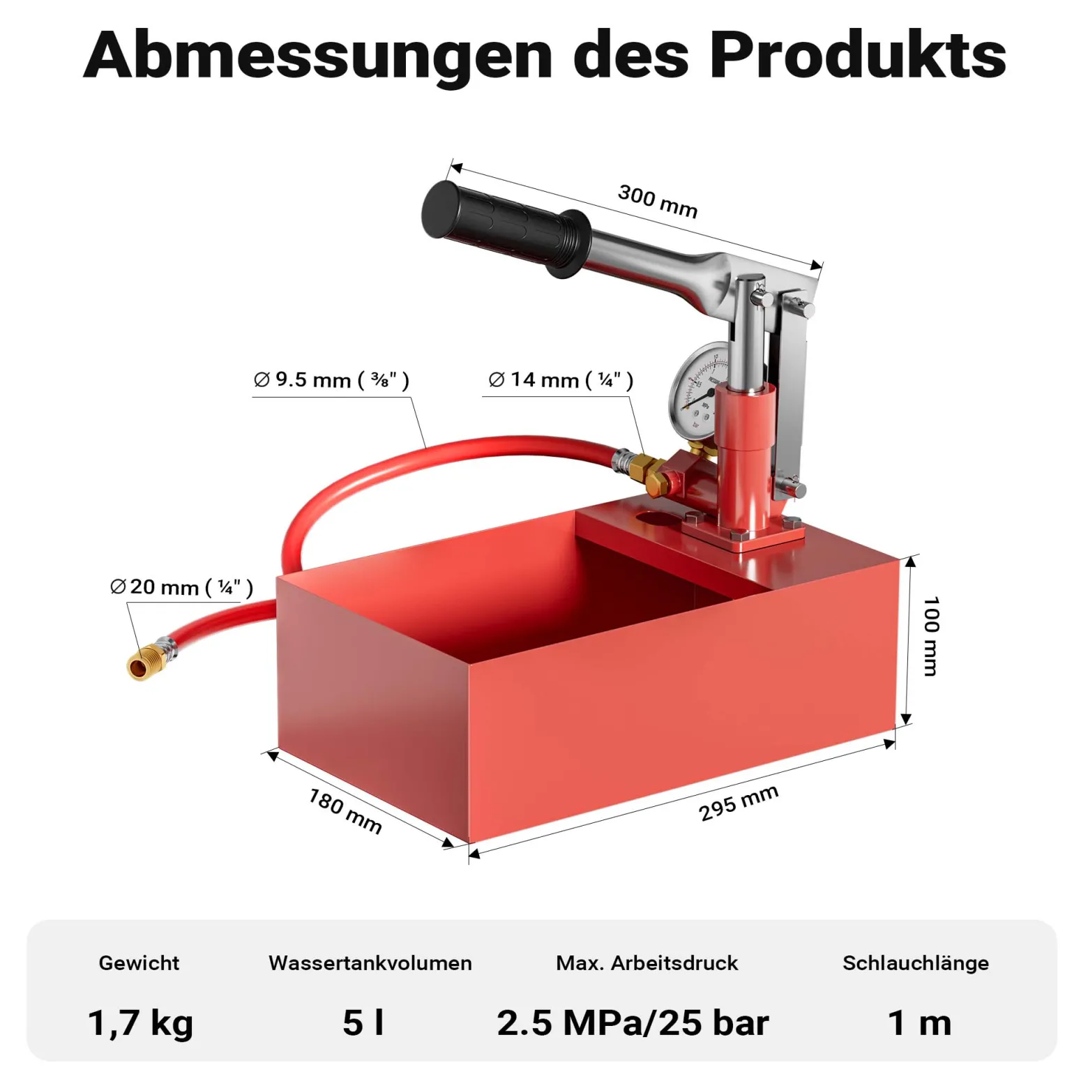 Wiltec Befüllpumpe und Prüfpumpe mit 5 l Füllmenge, Abdrückpumpe für Heizung und Solar, Druckprüfpumpe mit 25 bar Prüfdruck