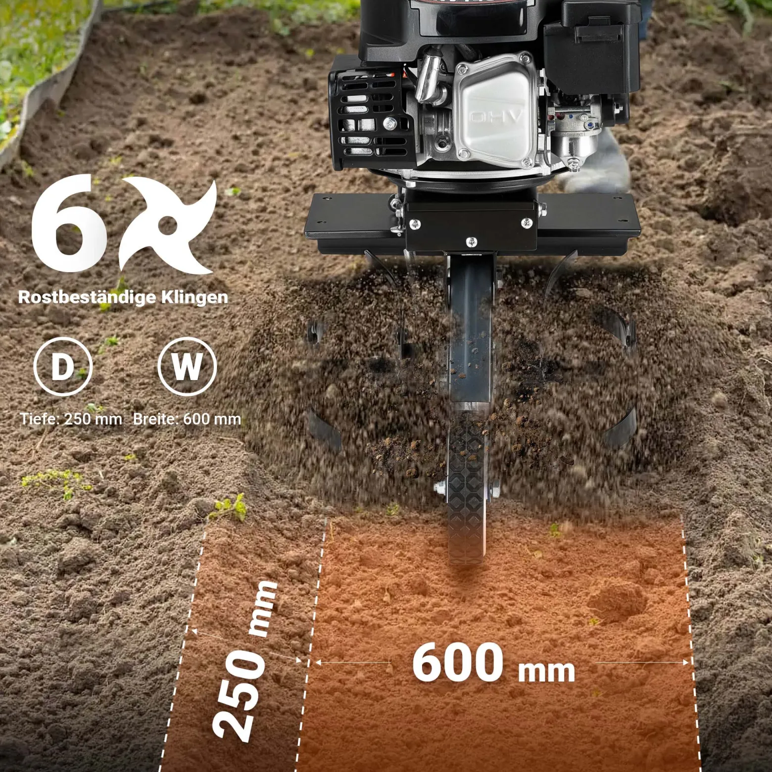 Wiltec Benzin Bodenhacke 60 cm Arbeitsbreite, Gartenhacke mit Motor 144 ccm, Motorhacke 6 Klingen, Bodenfräse mit Antrieb Euro 5, robuste Gartenfräse