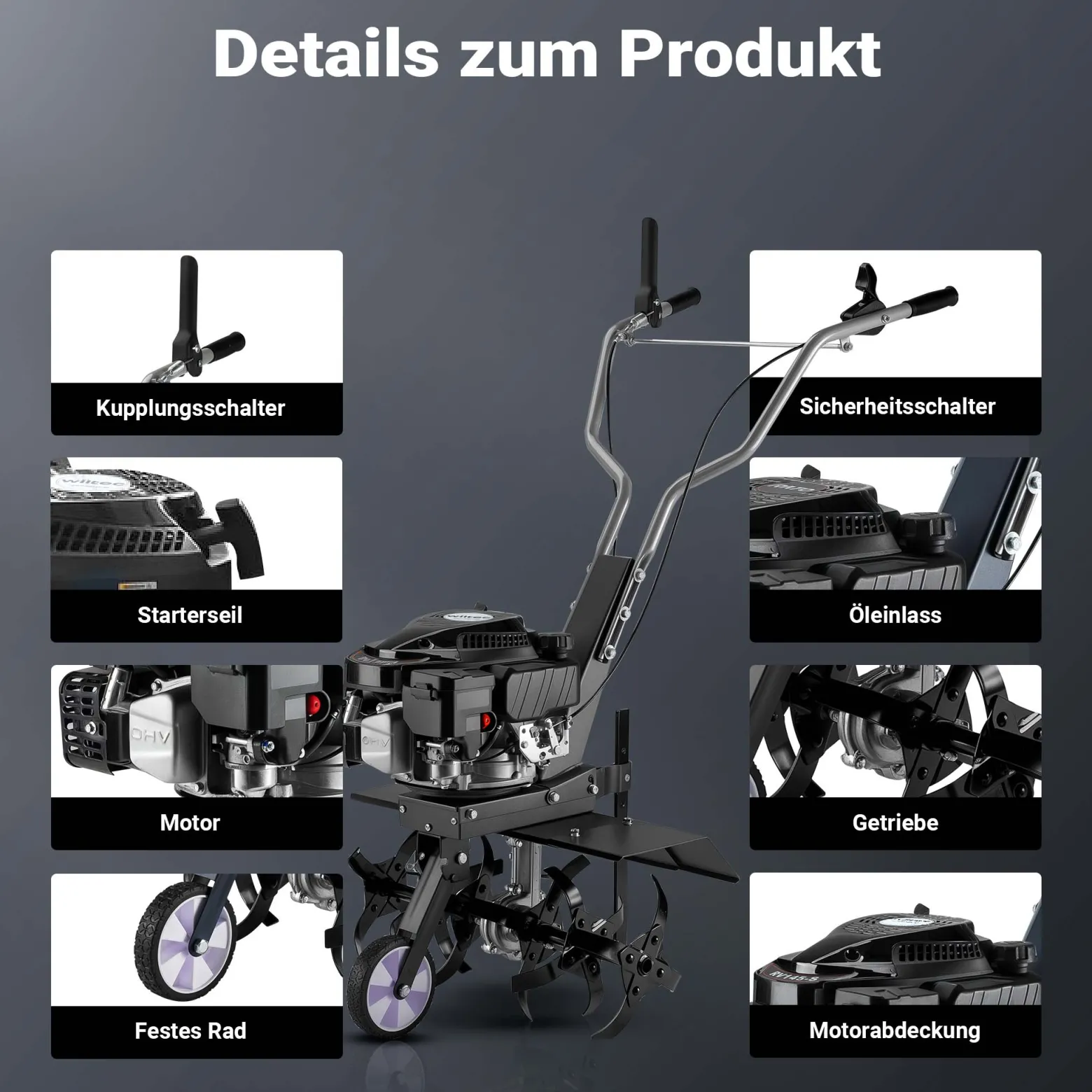 Wiltec Benzin Bodenhacke 60 cm Arbeitsbreite, Gartenhacke mit Motor 144 ccm, Motorhacke 6 Klingen, Bodenfräse mit Antrieb Euro 5, robuste Gartenfräse