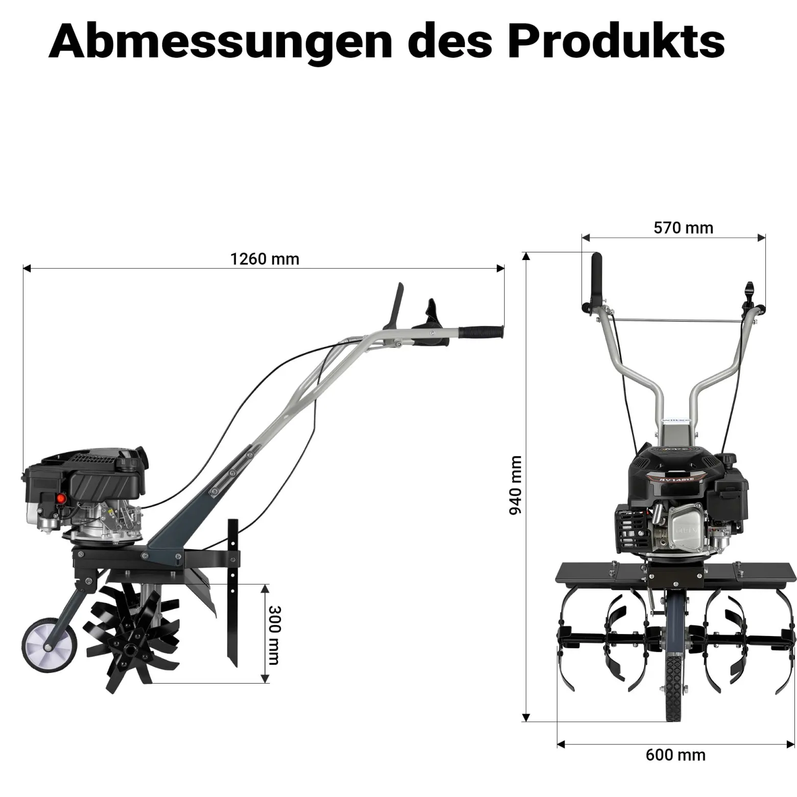 Wiltec Benzin Bodenhacke 60 cm Arbeitsbreite, Gartenhacke mit Motor 144 ccm, Motorhacke 6 Klingen, Bodenfräse mit Antrieb Euro 5, robuste Gartenfräse
