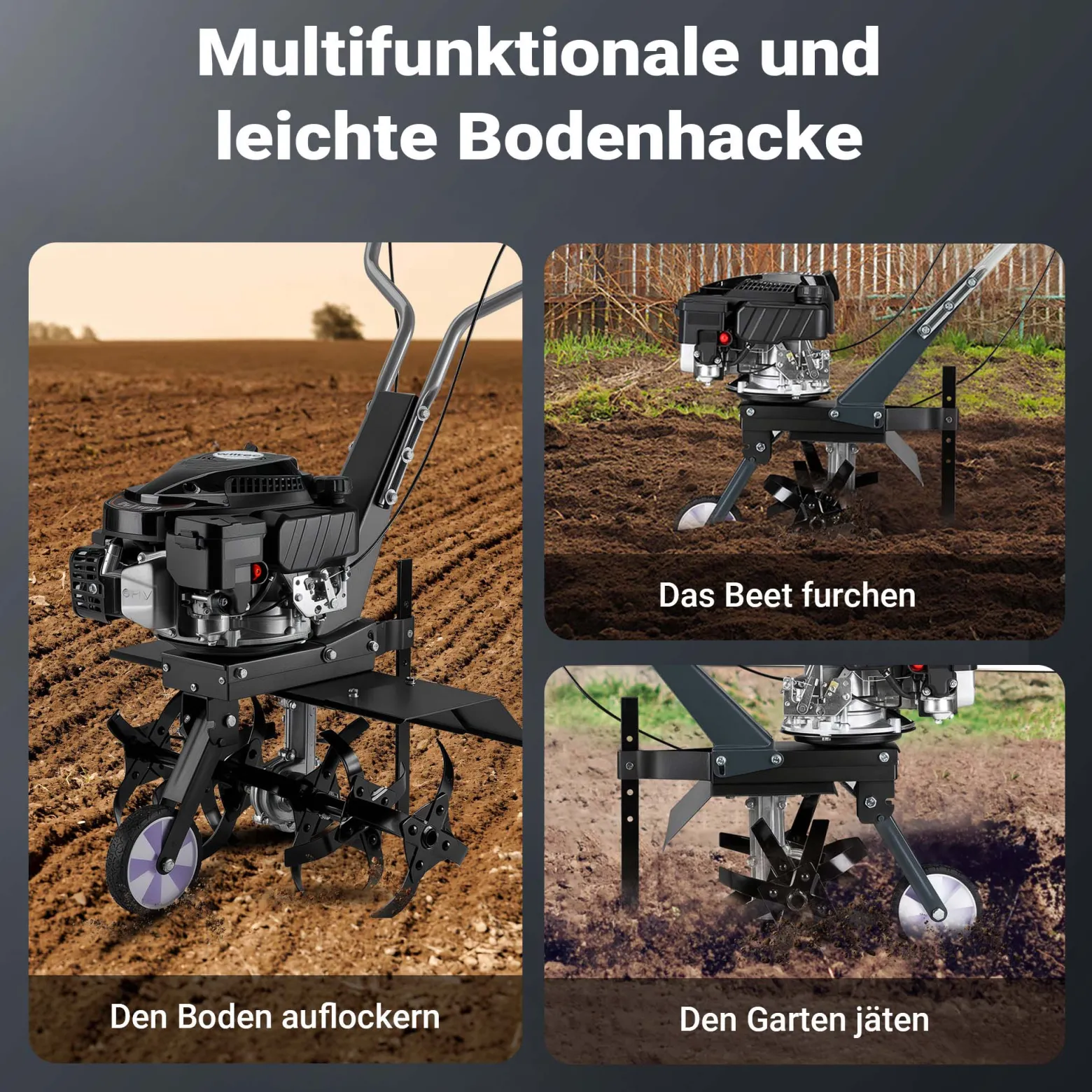 Wiltec Benzin Bodenhacke 60 cm Arbeitsbreite, Gartenhacke mit Motor 144 ccm, Motorhacke 6 Klingen, Bodenfräse mit Antrieb Euro 5, robuste Gartenfräse