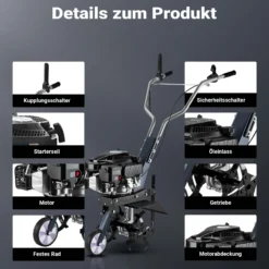 Wiltec Benzin Bodenhacke 36 cm Arbeitsbreite, Gartenhacke mit Motor 144 ccm, Motorhacke 4 Klingen, Bodenfräse mit Antrieb Euro 5, robuste Gartenfräse