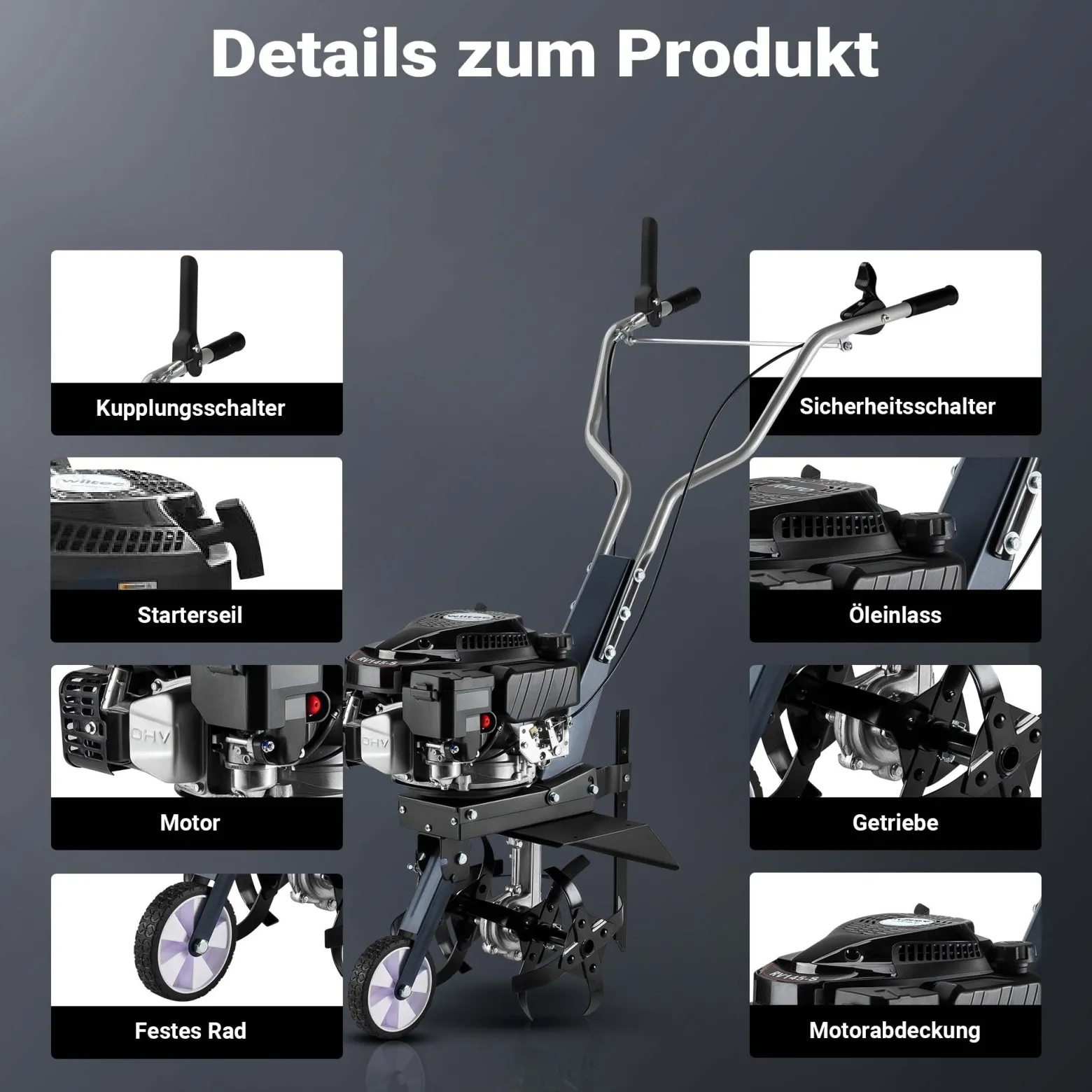 Wiltec Benzin Bodenhacke 36 cm Arbeitsbreite, Gartenhacke mit Motor 144 ccm, Motorhacke 4 Klingen, Bodenfräse mit Antrieb Euro 5, robuste Gartenfräse