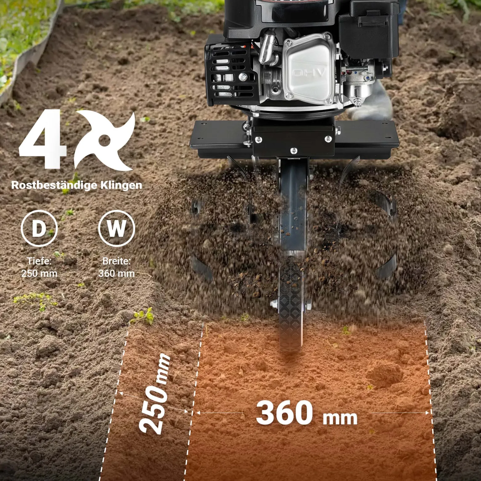 Wiltec Benzin Bodenhacke 36 cm Arbeitsbreite, Gartenhacke mit Motor 144 ccm, Motorhacke 4 Klingen, Bodenfräse mit Antrieb Euro 5, robuste Gartenfräse