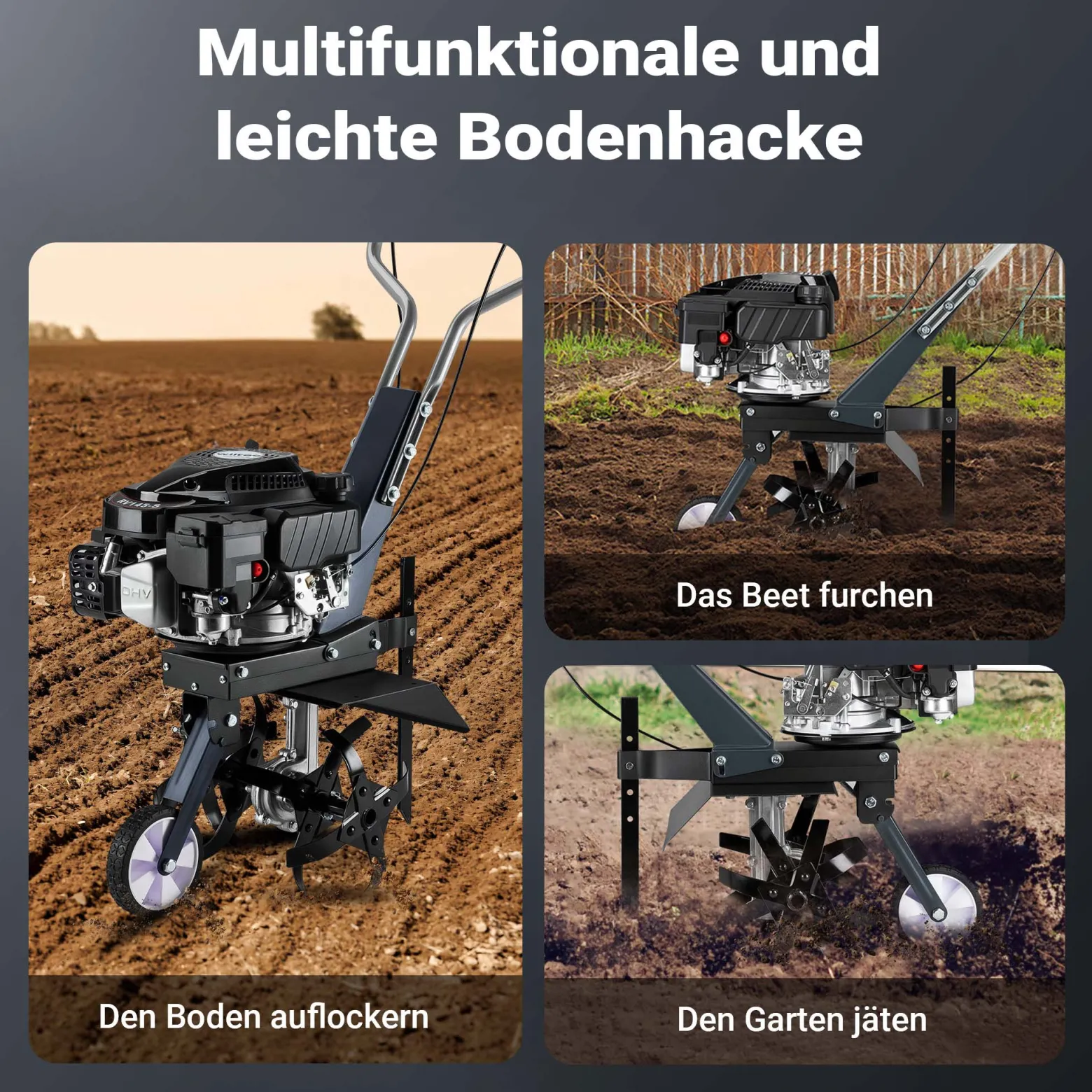 Wiltec Benzin Bodenhacke 36 cm Arbeitsbreite, Gartenhacke mit Motor 144 ccm, Motorhacke 4 Klingen, Bodenfräse mit Antrieb Euro 5, robuste Gartenfräse