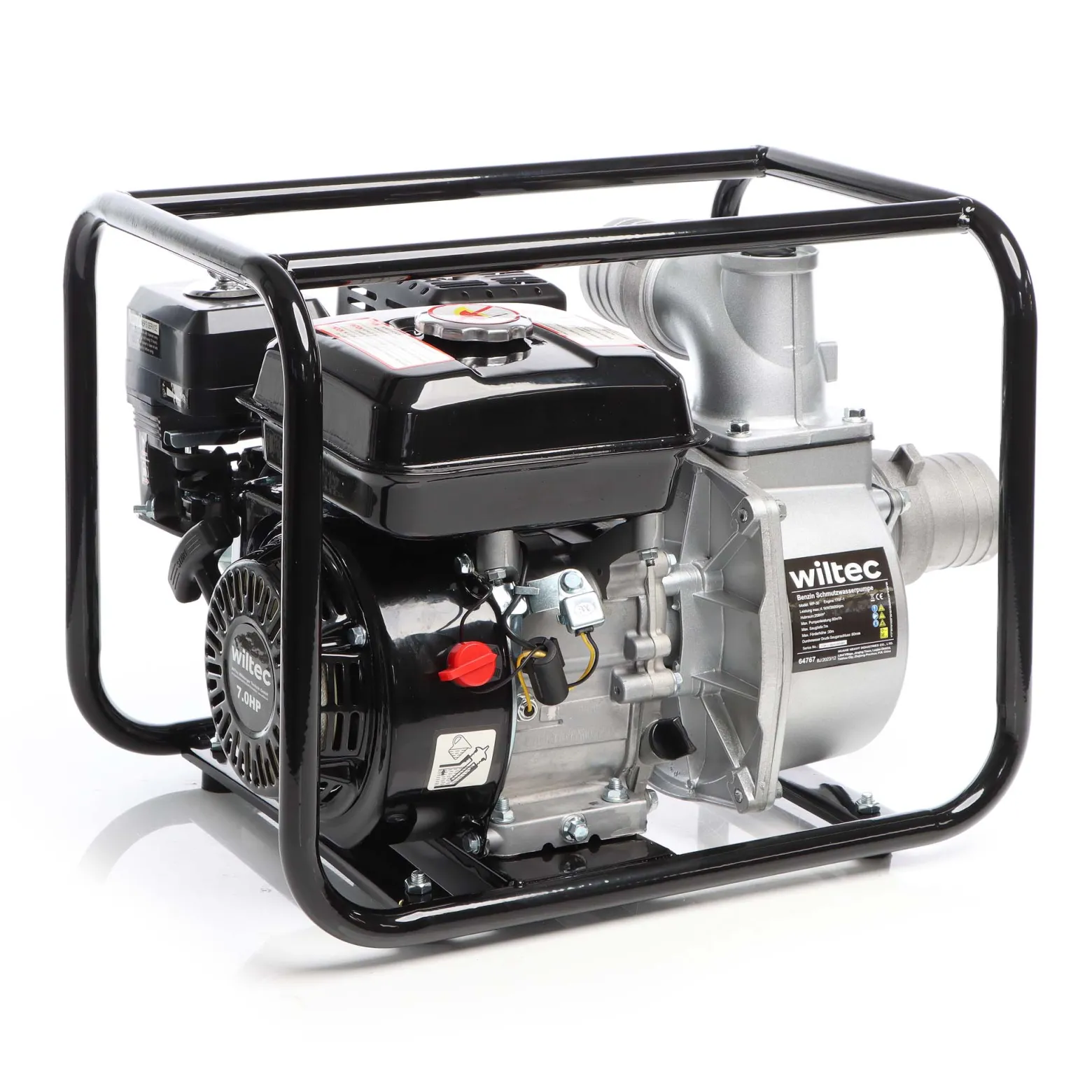 Wiltec Benzin Schmutzwasserpumpe 4kW 48.000l/h, 28m Förderhöhe, Wasserpumpe Gartenpumpe mit 80mm (3") Anschluss 4-Takt-Motor