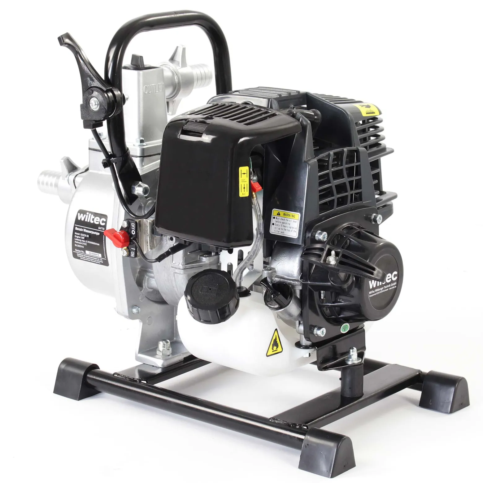 Wiltec Benzin Wasserpumpe 1kW 8.000l/h 6.500U/min, 30m Förderhöhe, Gartenpumpe mit 4 Takt Motor, Motorpumpe