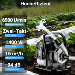 Wiltec Benzin Wasserpumpe 1,4 kW Gartenpumpe mit 15 m³/h Durchfluss, Garten Pumpe mit 2-Takt-Motor, Motorpumpe zur Bewässerung und zum Aus- bzw. Abpumpen
