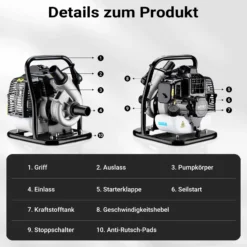 Wiltec Benzin Wasserpumpe 1,4 kW Gartenpumpe mit 15 m³/h Durchfluss, Garten Pumpe mit 2-Takt-Motor, Motorpumpe zur Bewässerung und zum Aus- bzw. Abpumpen