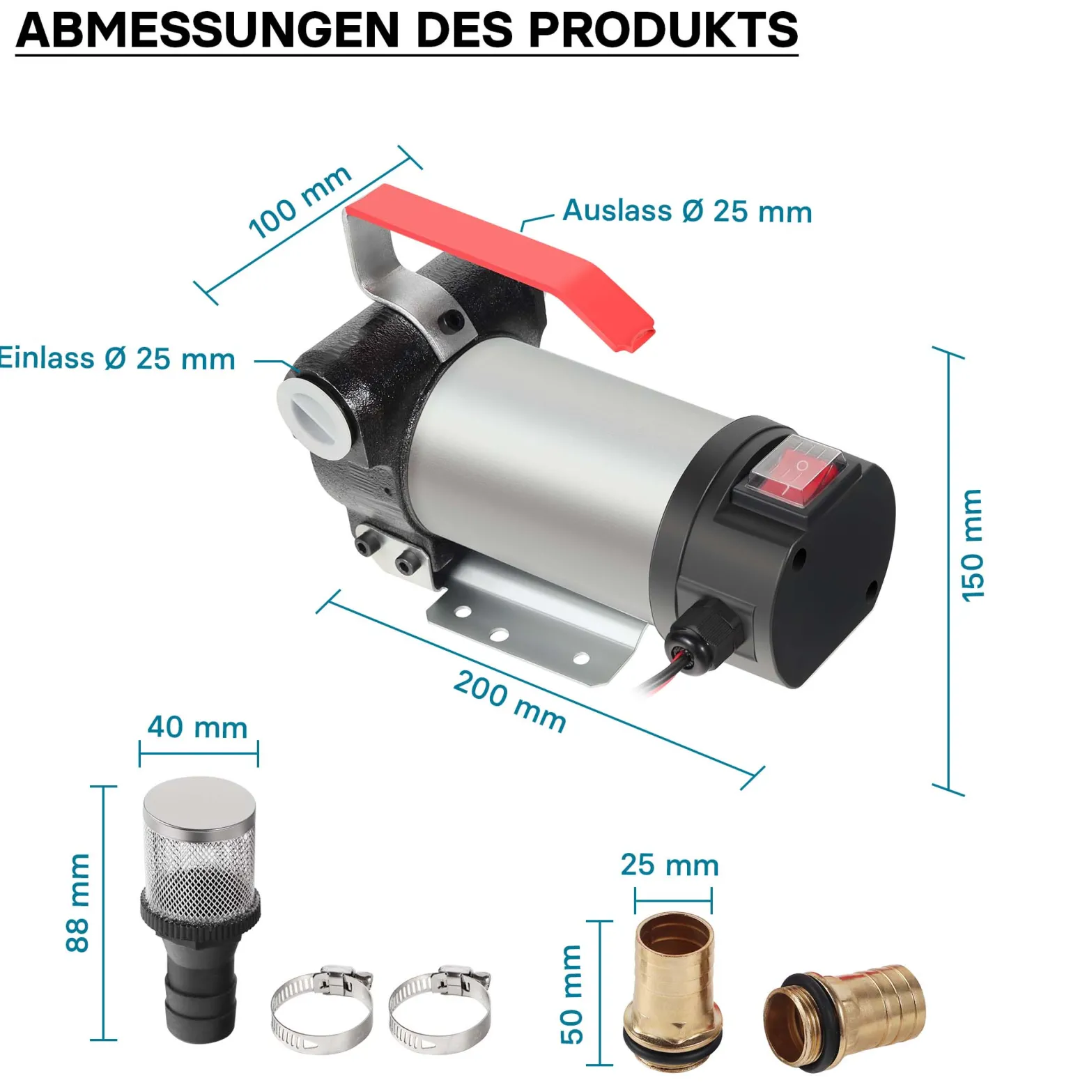 Wiltec Bio Dieselpumpe 12 V, 150 W, 40 l/min, Heizölpumpe selbstansaugend, Absaugpumpe für Diesel, Biodiesel, Heizöl, tragbare mobile Umfüllpumpe