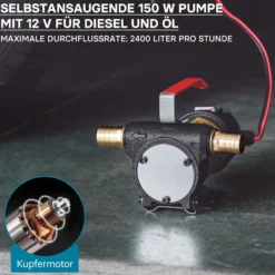 Wiltec Bio Dieselpumpe 12 V, 150 W, 40 l/min, Heizölpumpe selbstansaugend, Absaugpumpe für Diesel, Biodiesel, Heizöl, tragbare mobile Umfüllpumpe