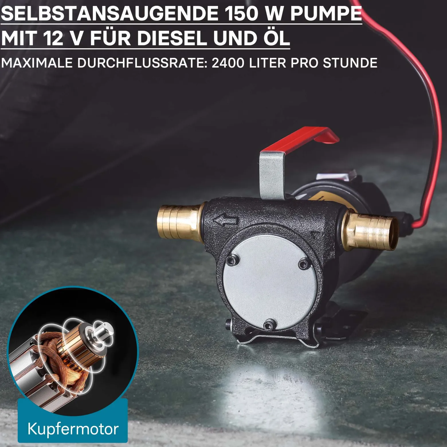 Wiltec Bio Dieselpumpe 12 V, 150 W, 40 l/min, Heizölpumpe selbstansaugend, Absaugpumpe für Diesel, Biodiesel, Heizöl, tragbare mobile Umfüllpumpe