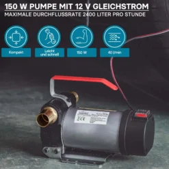Wiltec Bio Dieselpumpe 12 V, 150 W, 40 l/min, Heizölpumpe selbstansaugend, Absaugpumpe für Diesel, Biodiesel, Heizöl, tragbare mobile Umfüllpumpe