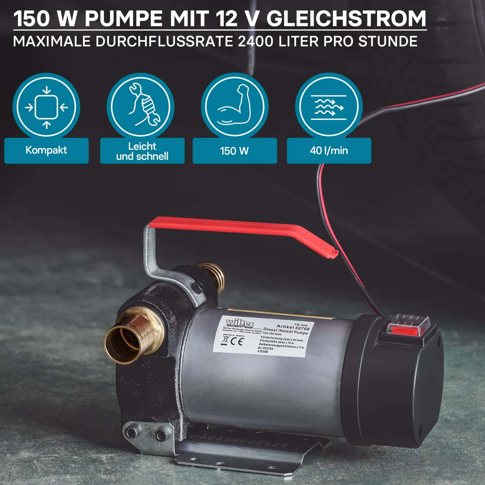 Wiltec Bio Dieselpumpe 12 V, 150 W, 40 l/min, Heizölpumpe selbstansaugend, Absaugpumpe für Diesel, Biodiesel, Heizöl, tragbare mobile Umfüllpumpe