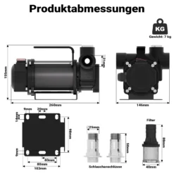 Wiltec Bio Dieselpumpe 12 V, 550 W, 80 l/min, Heizölpumpe selbstansaugend, Absaugpumpe für Diesel, Biodiesel, Heizöl, tragbare mobile Umfüllpumpe