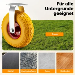 Wiltec Bockrolle Ø258 und 78mm Breite Transportrolle Vollmaterial mit Metallfelgen gelb pannensicher bis 150kg Apparaterolle leiser Lauf