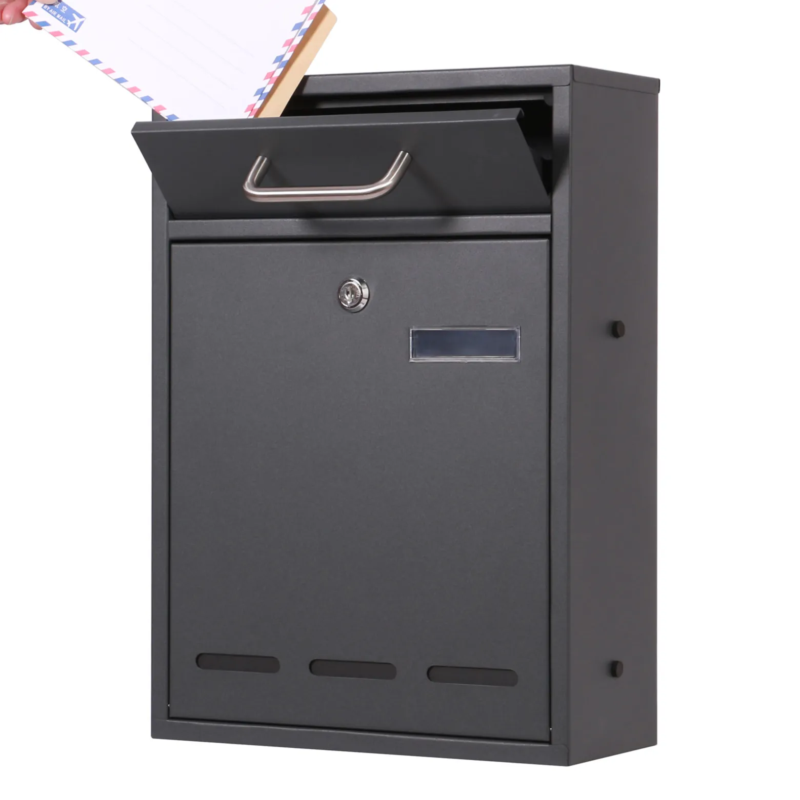 Wiltec Briefkasten anthrazit V53 Postkasten mit Namensschild, Sichtfenstern und 2 Schlüsseln als Wandbriefkasten oder Standbriefkasten