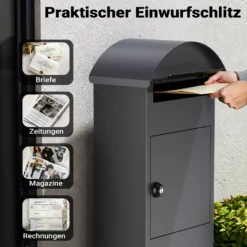 Wiltec Briefkasten anthrazit 420 x 240 x 1020 mm, Standbriefkasten zur Bodenmontage mit Schloss, abschließbarer Postkasten aus Stahl mit Dach