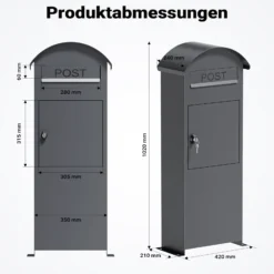 Wiltec Briefkasten anthrazit 420 x 240 x 1020 mm, Standbriefkasten zur Bodenmontage mit Schloss, abschließbarer Postkasten aus Stahl mit Dach
