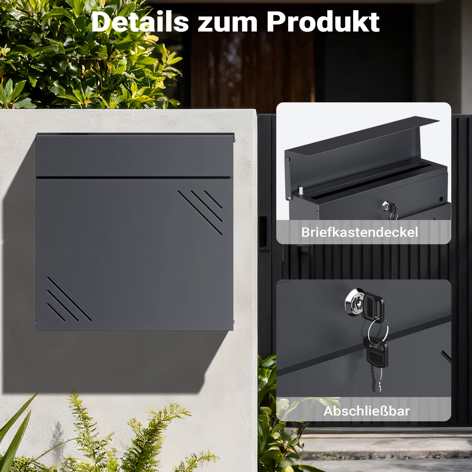 Wiltec Briefkasten Anthrazit V63 aus Stahl 37 x 11 x 37 cm, Wandbriefkasten mit Zeitungsfach und Schlüssel