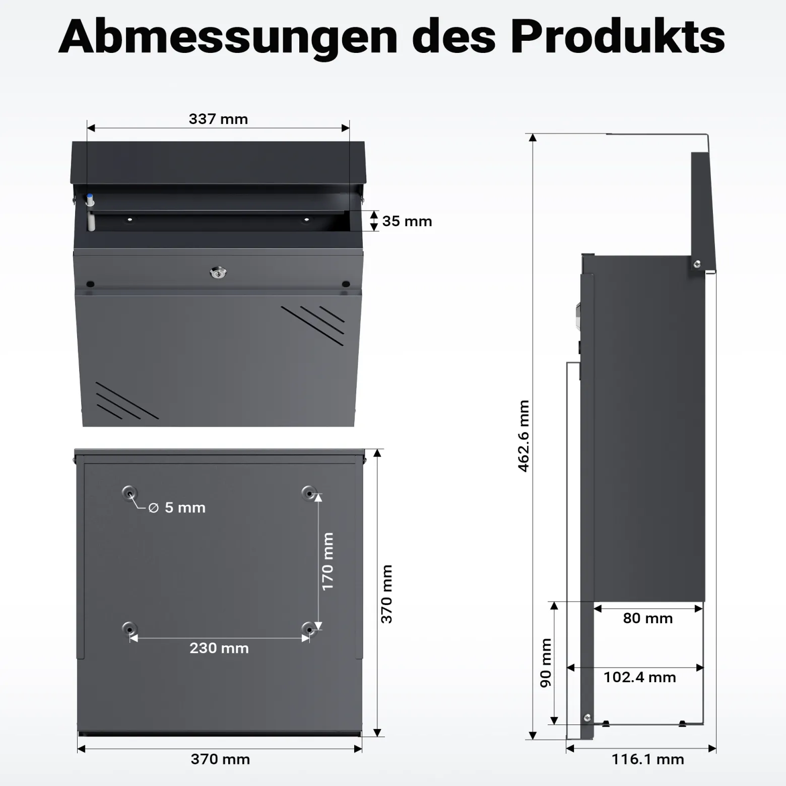 Wiltec Briefkasten Anthrazit V63 aus Stahl 37 x 11 x 37 cm, Wandbriefkasten mit Zeitungsfach und Schlüssel