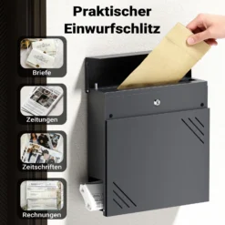 Wiltec Briefkasten Anthrazit V63 aus Stahl 37 x 11 x 37 cm, Wandbriefkasten mit Zeitungsfach und Schlüssel