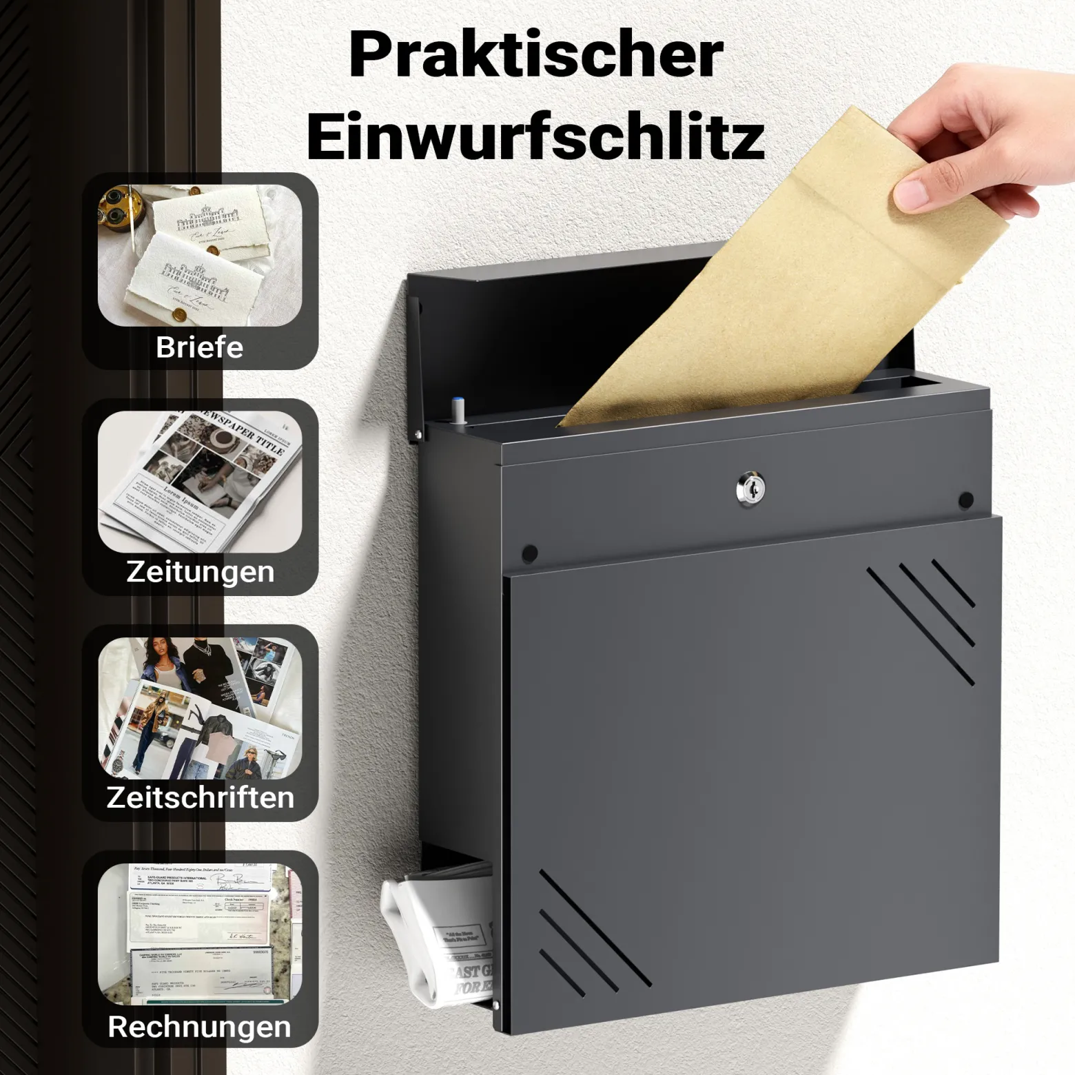 Wiltec Briefkasten Anthrazit V63 aus Stahl 37 x 11 x 37 cm, Wandbriefkasten mit Zeitungsfach und Schlüssel