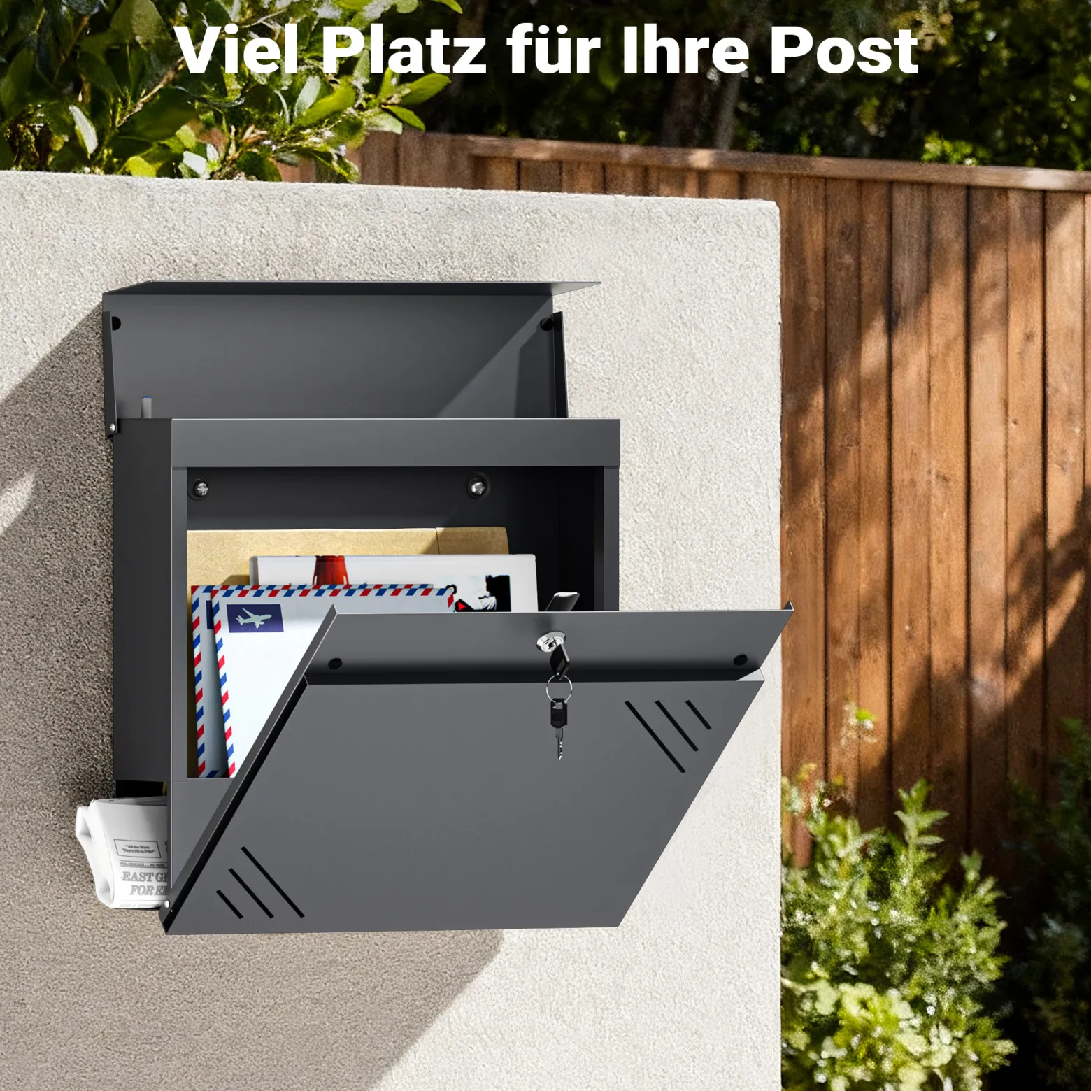 Wiltec Briefkasten Anthrazit V63 aus Stahl 37 x 11 x 37 cm, Wandbriefkasten mit Zeitungsfach und Schlüssel