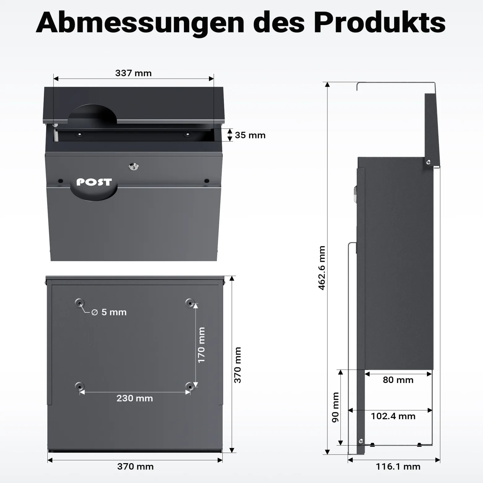 Wiltec Briefkasten Anthrazit V62 aus Stahl 37 x 11 x 37 cm, Wandbriefkasten mit Zeitungsfach und Schlüssel