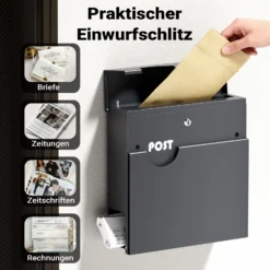 Wiltec Briefkasten Anthrazit V62 aus Stahl 37 x 11 x 37 cm, Wandbriefkasten mit Zeitungsfach und Schlüssel